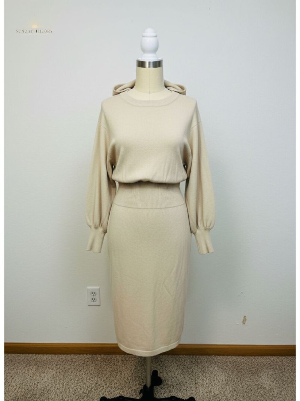 Women's Ribbed Knit Puff Sleeve Bodycon Midi Sweater Dress Crew Neck